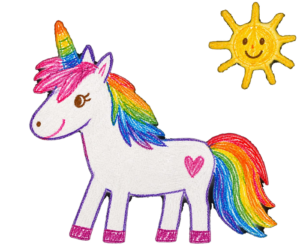 A colorful hand-drawn rainbow unicorn